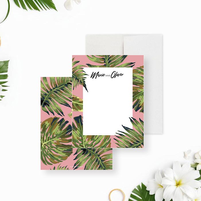 Tropical note card with palm leaf design, ideal for wedding thank-you or personalized notes.-front-back