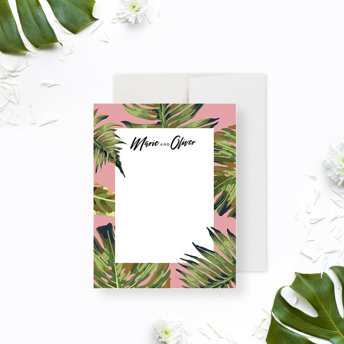 Tropical note card with palm leaf design, ideal for wedding thank-you or personalized notes.-front