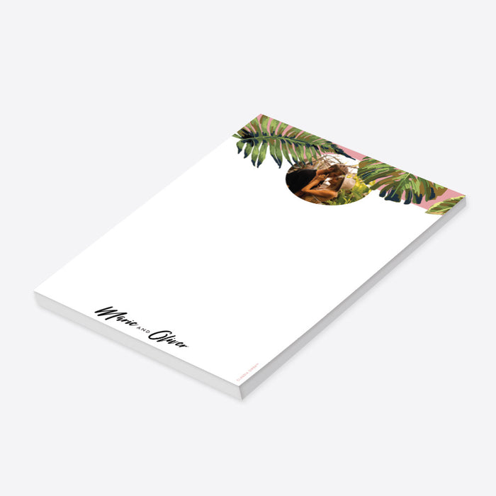 Tropical personalized notepad featuring a couple’s photo, custom stationery ideal for weddings, beach events, or summer gifts.-side