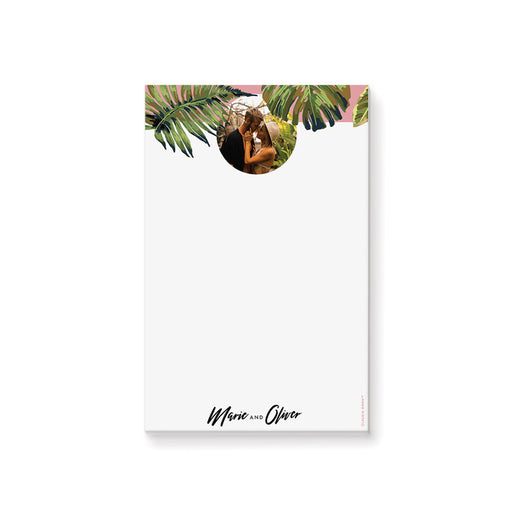 Tropical personalized notepad featuring a couple’s photo, custom stationery ideal for weddings, beach events, or summer gifts.