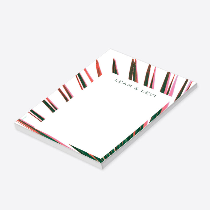 Tropical personalized notepad with pink and green palm fronds, a unique stationery keepsake for guests or couples.-side