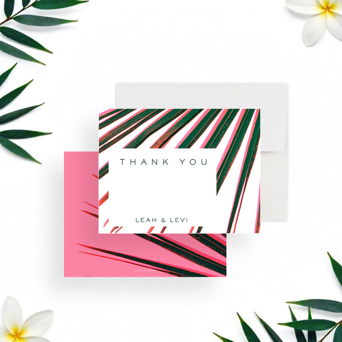 Tropical thank-you card featuring green and pink palm leaf illustrations. Elegant appreciation stationery gifts for couples.-front-back