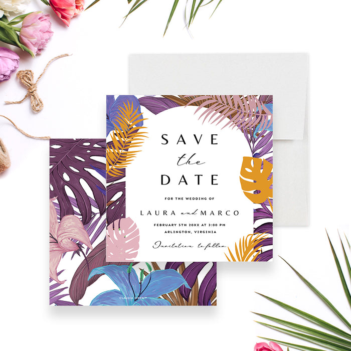 Tropical wedding save the date card with colorful tropical leaves, customizable for your celebration.-front-back
