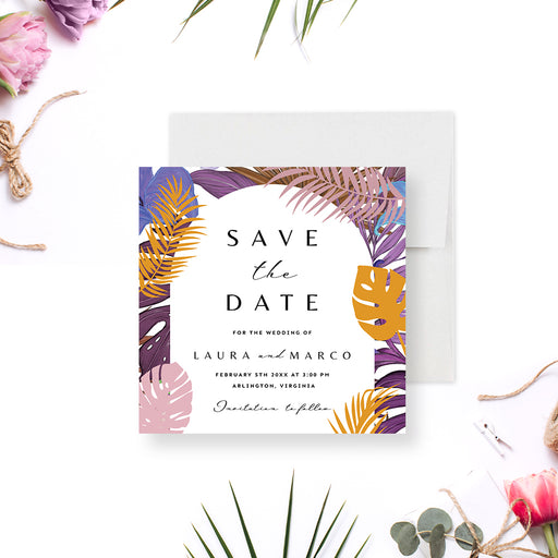 Tropical wedding save the date card with colorful tropical leaves, customizable for your celebration.-front