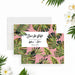 Save the date card featuring palm leaves and blush pink design, personalized for tropical-themed wedding celebrations-front-back