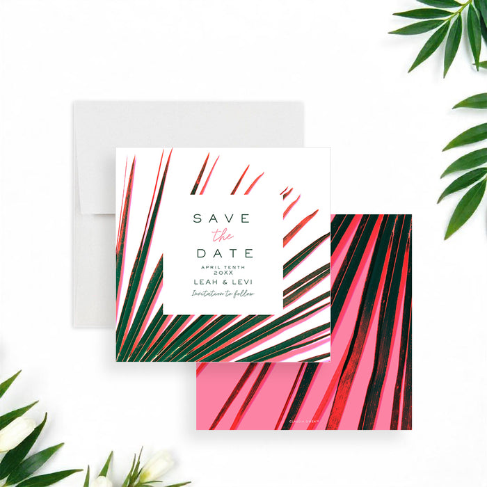 Save the date card with pink and green tropical palm leaves and minimalist wedding details.-front-back
