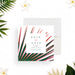 Save the date card with pink and green tropical palm leaves and minimalist wedding details.-front