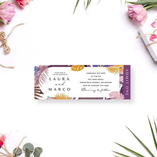 Wedding ticket-style invitation featuring colorful tropical leaves, custom-printed event entry pass