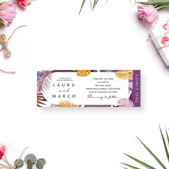 Wedding ticket-style invitation featuring colorful tropical leaves, custom-printed event entry pass