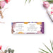 Wedding ticket-style invitation featuring colorful tropical leaves, custom-printed event entry pass