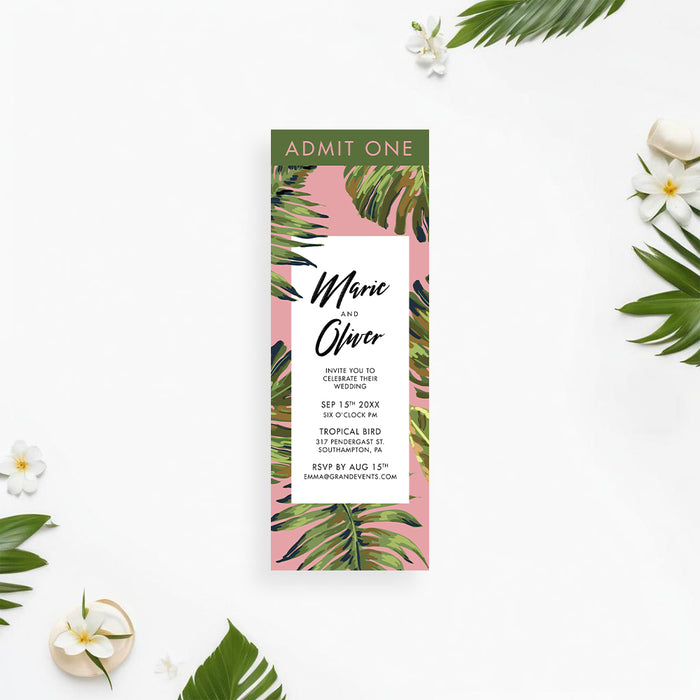 Tropical ticket-style wedding invitation featuring a palm leaf design, perfect for event entry passes at tropical theme parties.