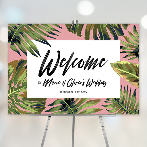 Wedding welcome sign featuring a tropical palm leaf design for a tropical theme party decoration and entrance poster.