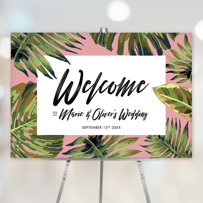 Wedding welcome sign featuring a tropical palm leaf design for a tropical theme party decoration and entrance poster.