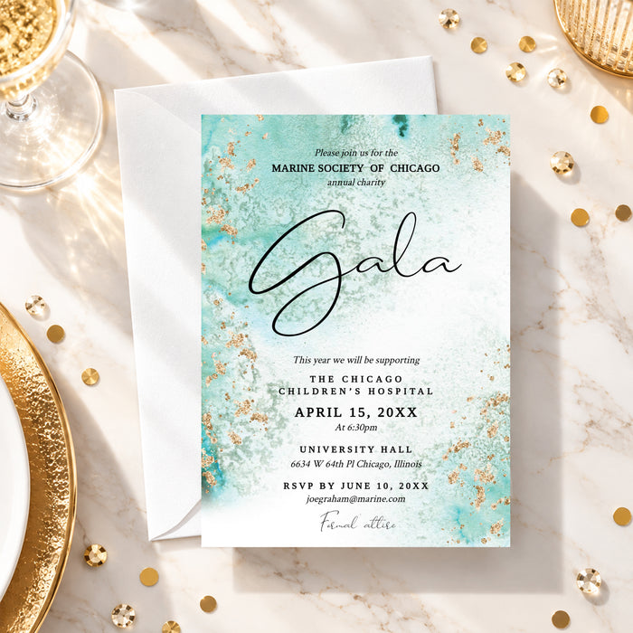 A turquoise and gold watercolor charity gala invitation template featuring gold accents, elegant black script lettering, and event details on a marble background.