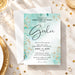 A turquoise and gold watercolor charity gala invitation template featuring gold accents, elegant black script lettering, and event details on a marble background.