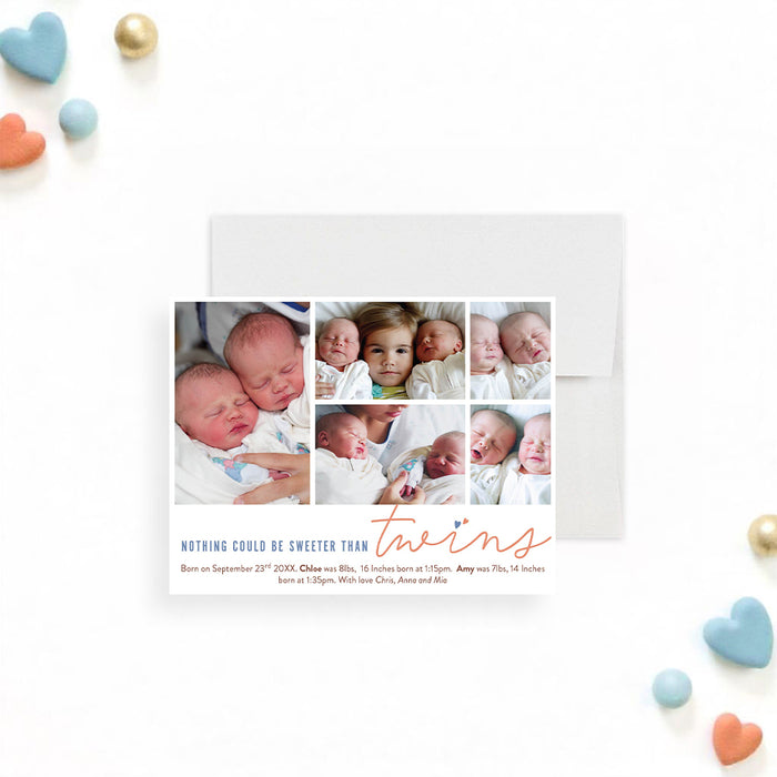 Twin baby birth announcement card with custom photo collage design, personalized stationery to share your newborns’ arrival.-front