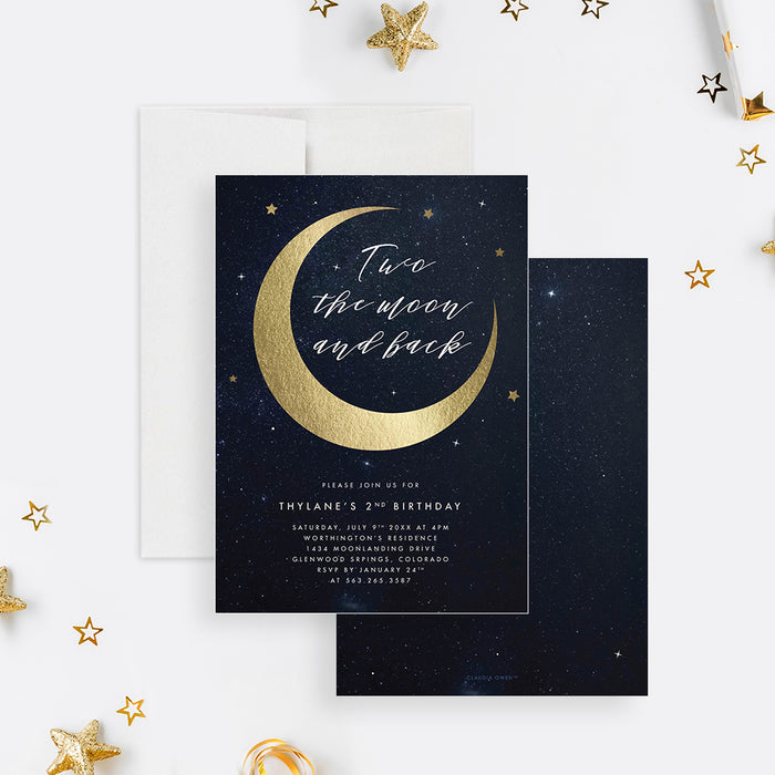 Two the Moon and Back Birthday Party Invitation for Kids, Moon and Stars 2nd Birthday Invites, Celestial Themed Invitation Card