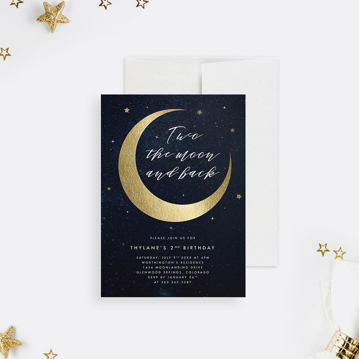 Two the Moon and Back Birthday Party Invitation for Kids, Moon and Stars 2nd Birthday Invites, Celestial Themed Invitation Card