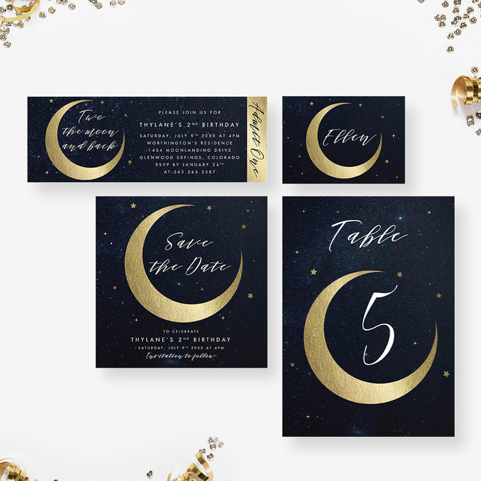 Two the Moon and Back Birthday Party Invitation for Kids, Moon and Stars 2nd Birthday Invites, Celestial Themed Invitation Card