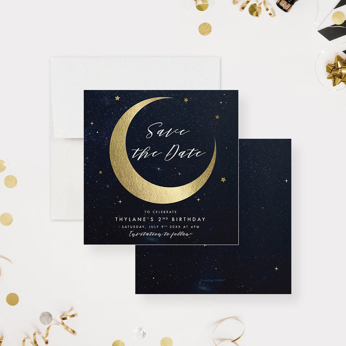 Celestial Themed Birthday Party Save the Date Card for Kids, Dreamy Moon and Stars Inspired Save the Date Invites