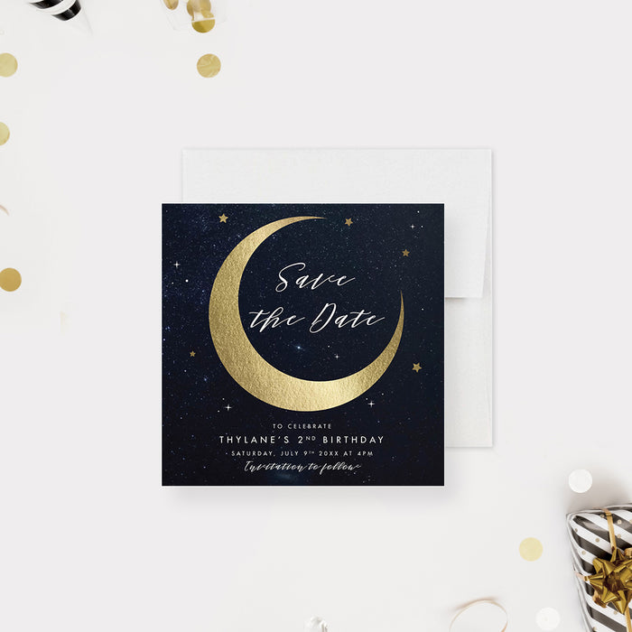 Celestial Themed Birthday Party Save the Date Card for Kids, Dreamy Moon and Stars Inspired Save the Date Invites