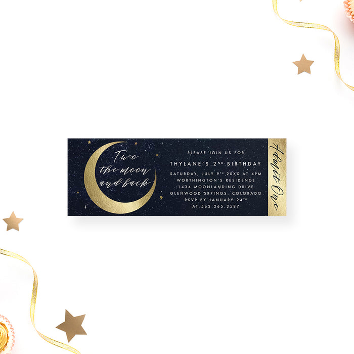 Celestial Themed Birthday Party Ticket Invitation, Elegant Starry Night Sky Ticket Invites for Kids, Two the Moon and Back Birthday Tickets