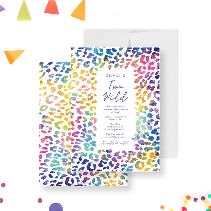 Personalized birthday invitation featuring a colorful animal-print design for boys’ and girls’ parties.-front-back