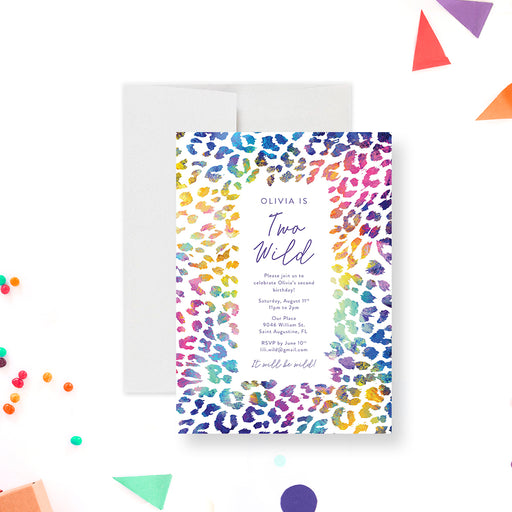 Personalized birthday invitation featuring a colorful animal-print design for boys’ and girls’ parties.-front
