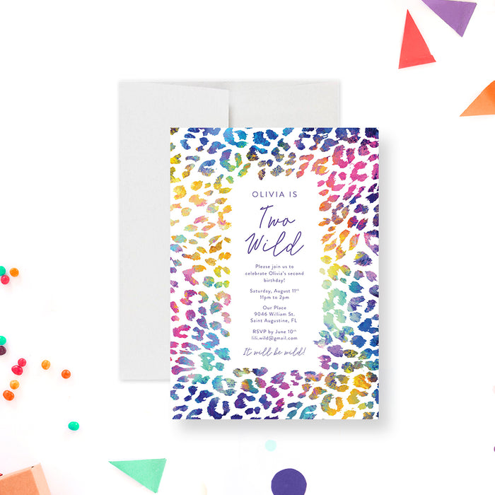 Personalized birthday invitation featuring a colorful animal-print design for boys’ and girls’ parties.-front