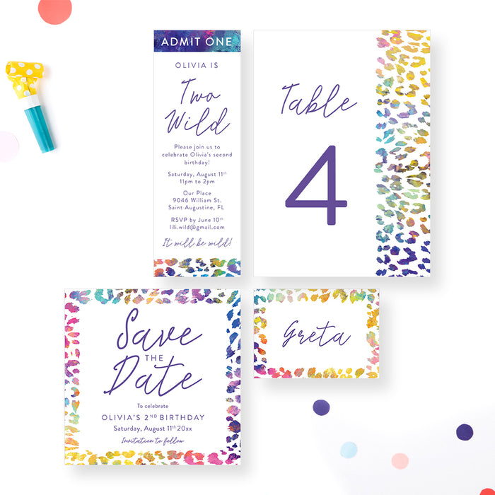 Two Wild Kids Birthday Invitation Colorful Leopard Print
