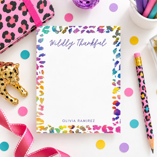 Wildly thankful personalized note card with colorful leopard print border and matching envelope-front