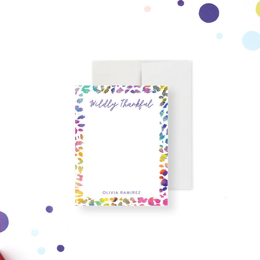 Wildly thankful personalized note card with colorful leopard print border and matching envelope-front