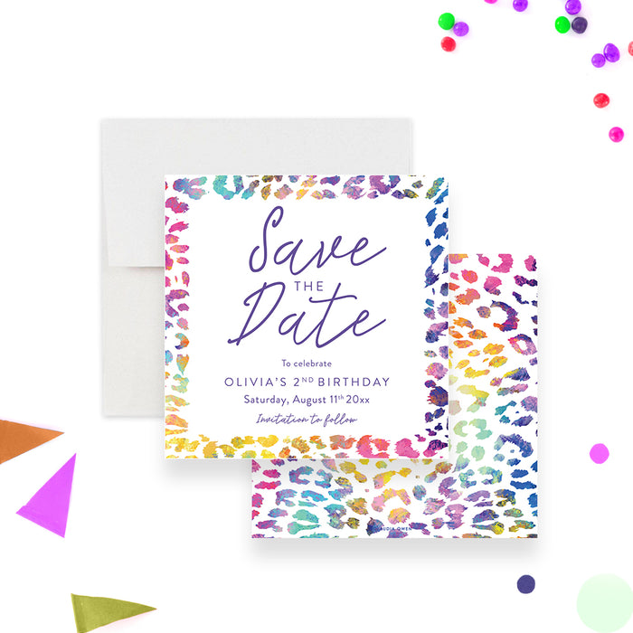 Personalized birthday save the date card with colorful animal print design-front-back