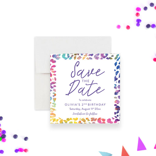 Personalized birthday save the date card with colorful animal print design-front