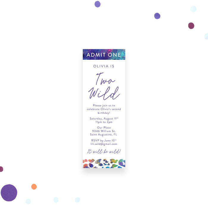 Colorful leopard print admit-one birthday ticket invitation with event details