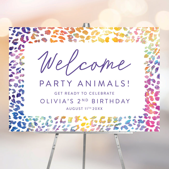 Birthday welcome sign with bright leopard print colors for party entrance décor