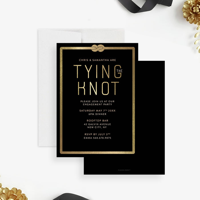 Modern black engagement party invitation with gold "Tying the Knot" text and a knot design, perfect for newly engaged couple celebrations-front-back