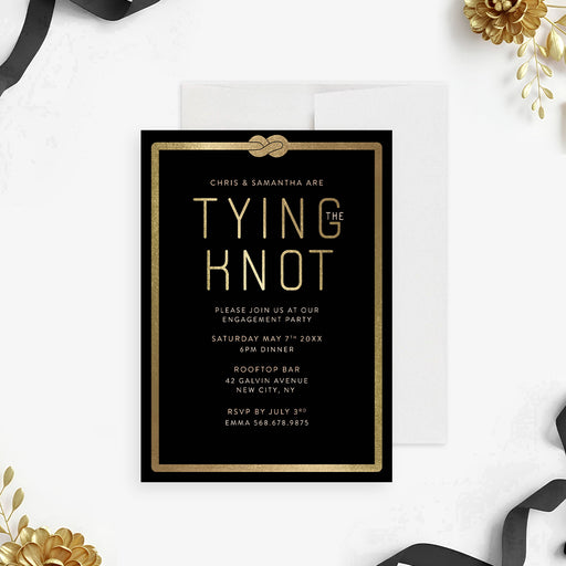 Modern black engagement party invitation with gold "Tying the Knot" text and a knot design, perfect for newly engaged couple celebrations-front