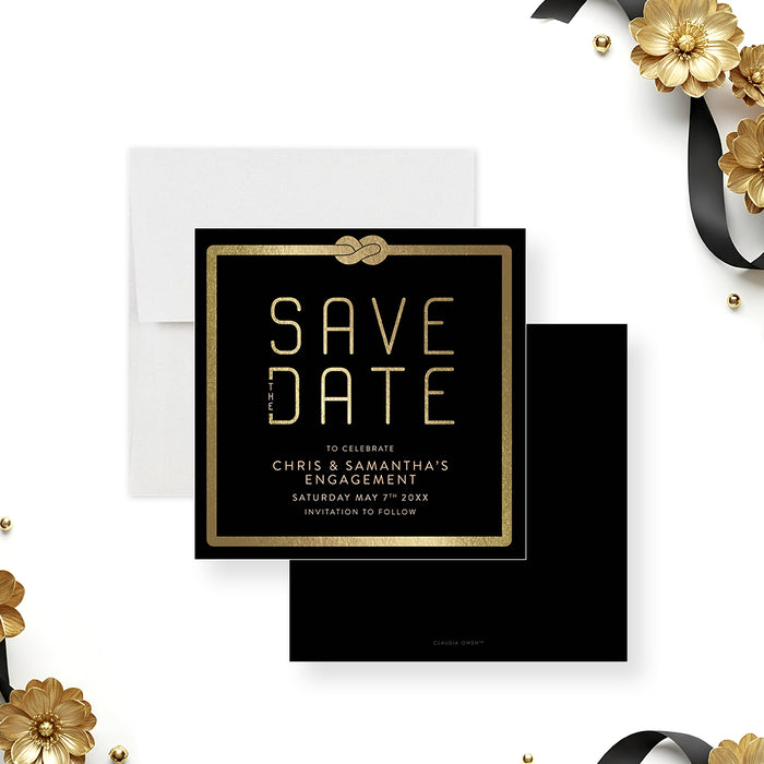 Black and gold save the date card with knot detail, personalized for engagement or wedding announcement, elegant and modern design-front-back