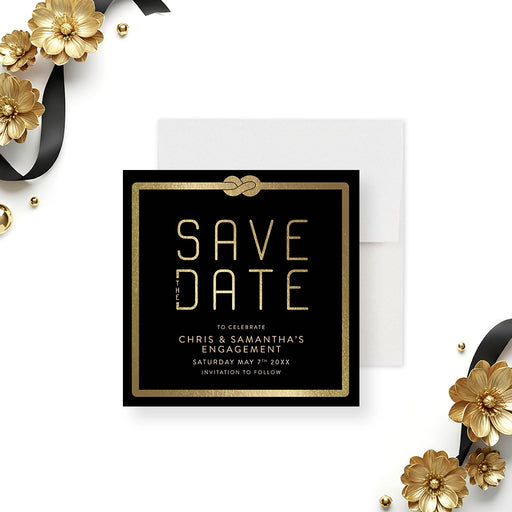 Black and gold save the date card with knot detail, personalized for engagement or wedding announcement, elegant and modern design-front