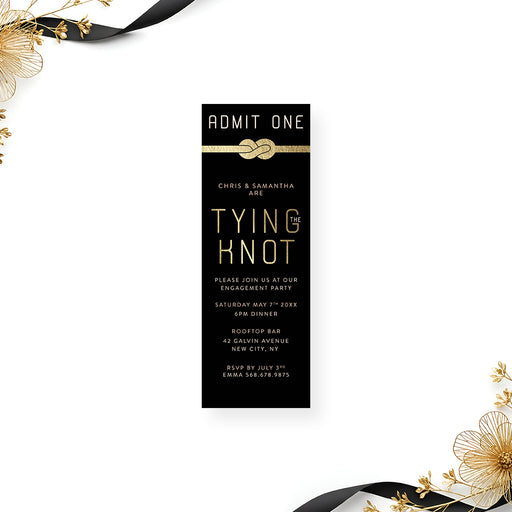 Tying the knot engagement party ticket invitation black elegant admit one design