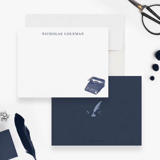 Personalized typewriter note card with a navy typewriter and name on the front, plus initials and a quill illustration on the dark blue back.