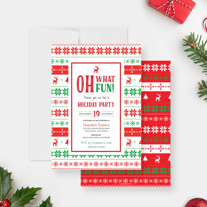 ugly Christmas sweater holiday party invitation with red and green knit pattern, reindeer details, and customizable event wording-front-back