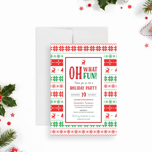 ugly Christmas sweater holiday party invitation with red and green knit pattern, reindeer details, and customizable event wording-front