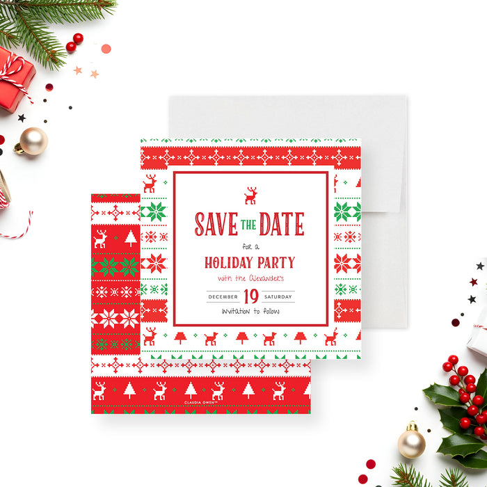 ugly Christmas sweater save the date card with red, green, and white knit pattern design for a holiday party-front-back