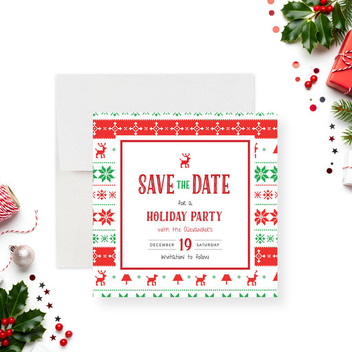 ugly Christmas sweater save the date card with red, green, and white knit pattern design for a holiday party-front
