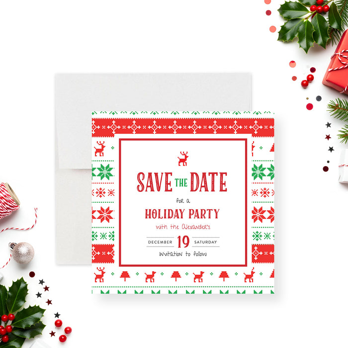 ugly Christmas sweater save the date card with red, green, and white knit pattern design for a holiday party-front