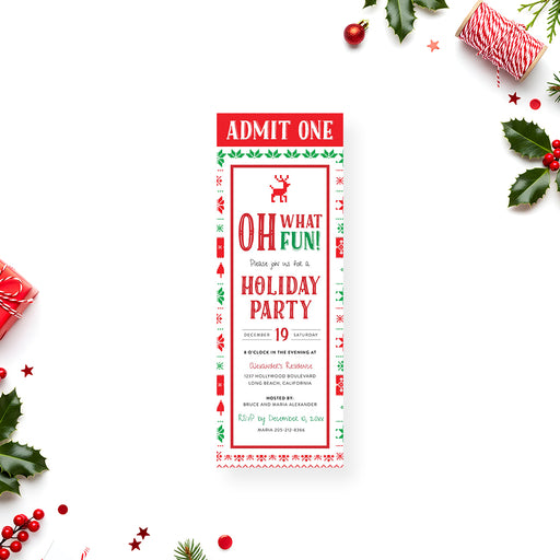ugly Christmas sweater holiday party ticket invitation with red and green knit pattern, reindeer motif, and festive event details