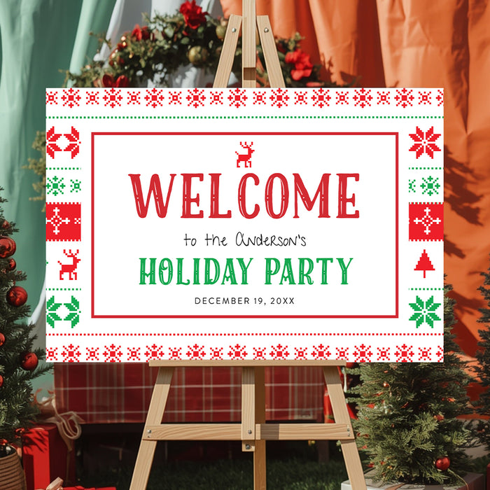 holiday party welcome sign featuring a red, green, and white ugly Christmas sweater pattern with reindeer and festive holiday motifs