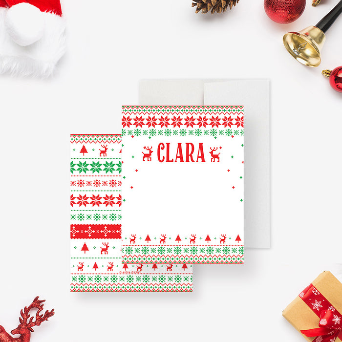 Personalized Christmas notecard with a red and green festive sweater border, reindeer accents, and a custom name design.-front-back
